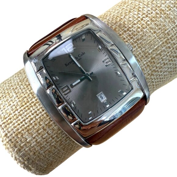 Kenneth Cole Mens Silver-Tone Square Watch With Brown Leather Band & Date Displa - Picture 1 of 16